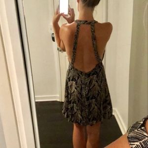 Open Back Black & Cream Tropical Leaf Print Dress